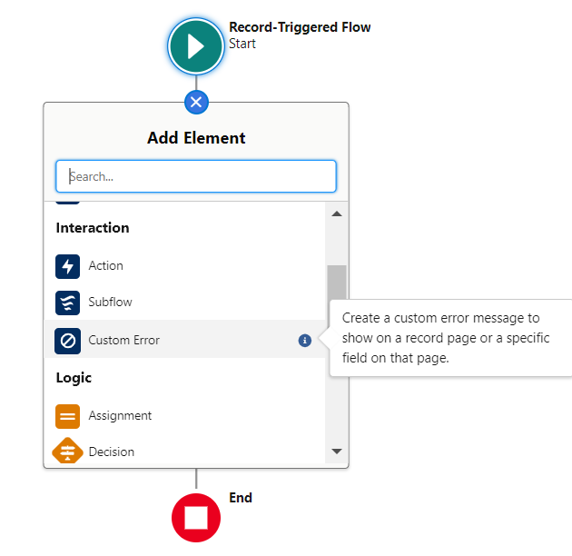 Add Element Custom error while create salesforce flow custom error component 