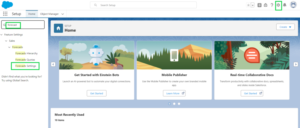 open forecasting from quick find box while set up forecasting in salesforce