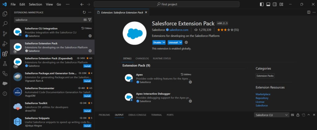 Install Salesforce Extension pack in Visual Studio Code