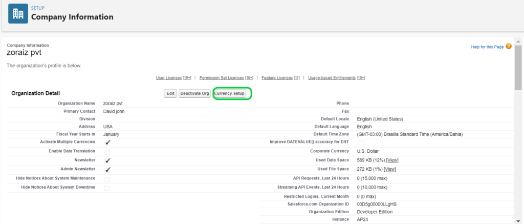 click on Currency Setup while Add Multiple Currencies in Salesforce