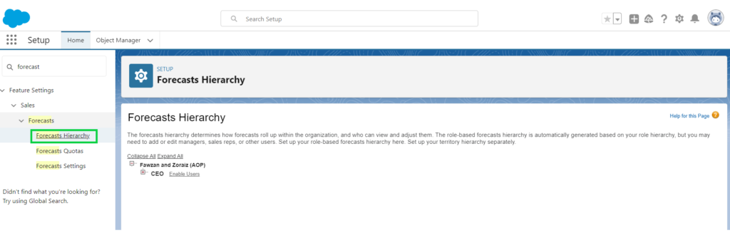 open  forecasts Hierarchy while set up forecasting in salesforce