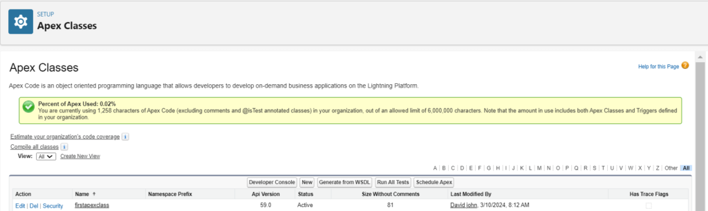 View newly created apex class in salesforce org