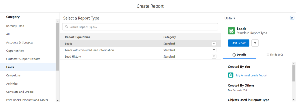 Select Category and Report while create  report