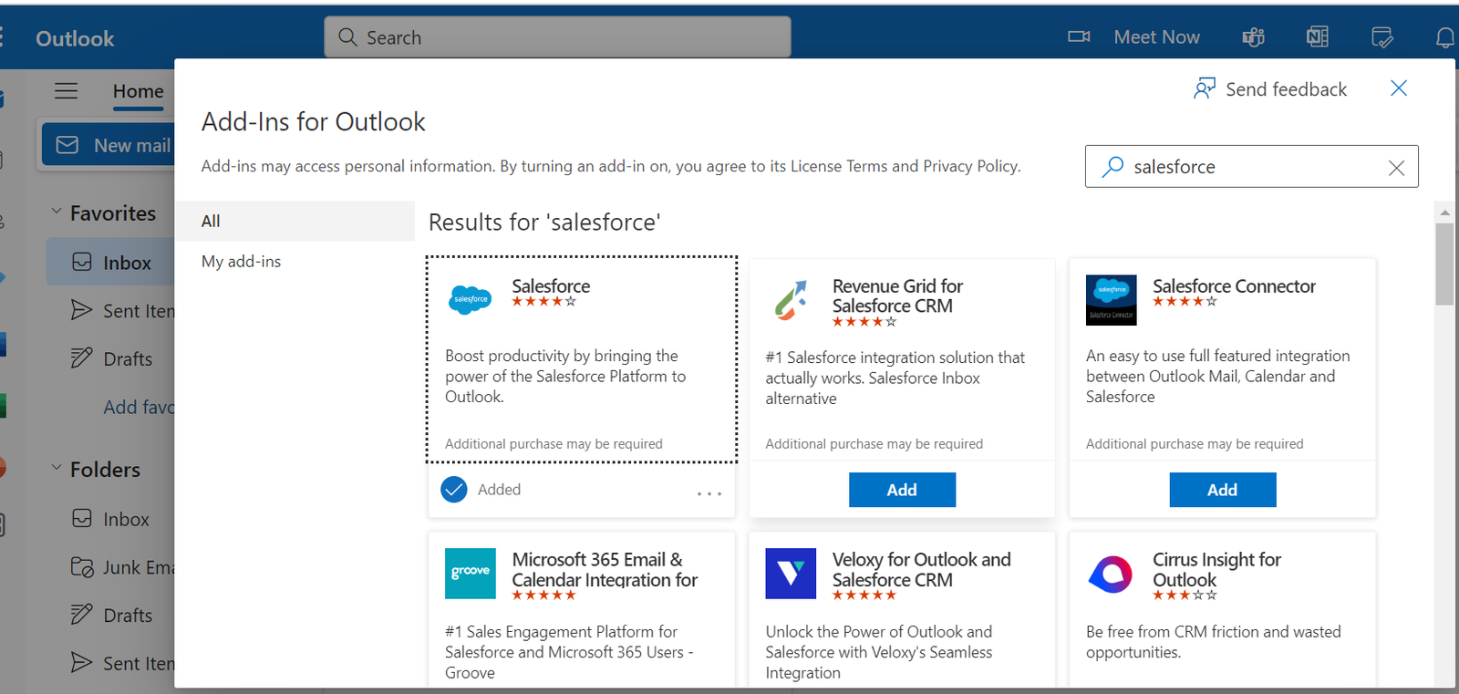 Select Salesforce App for Integrate with outlook