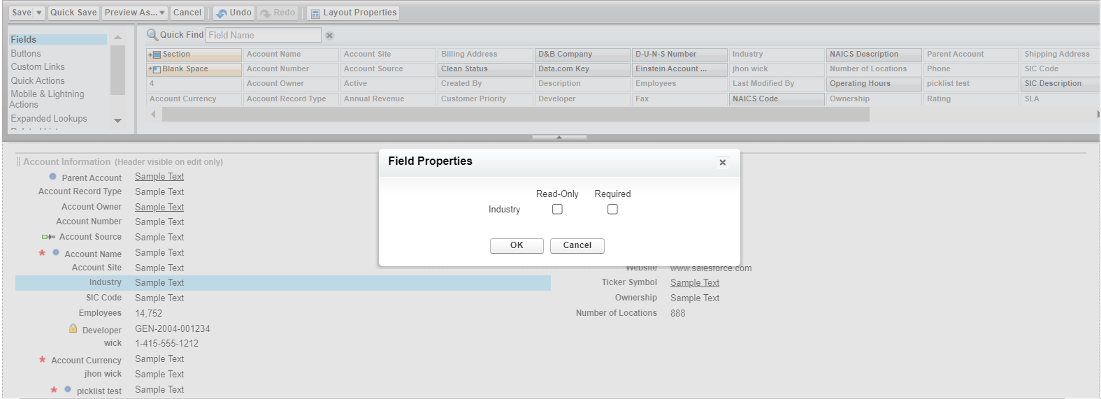 Select field properties read-only or  required 