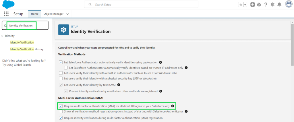 identity verification salesforce to set up multi factor authentication