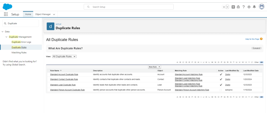 Search Duplicate Rule in quick find box