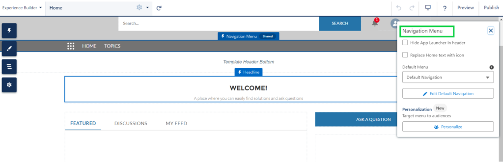 Configuring Navigation Menu Options, Navigation menu, Default Navigation 