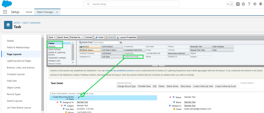 open fields while you set page layouts for Recurring Tasks