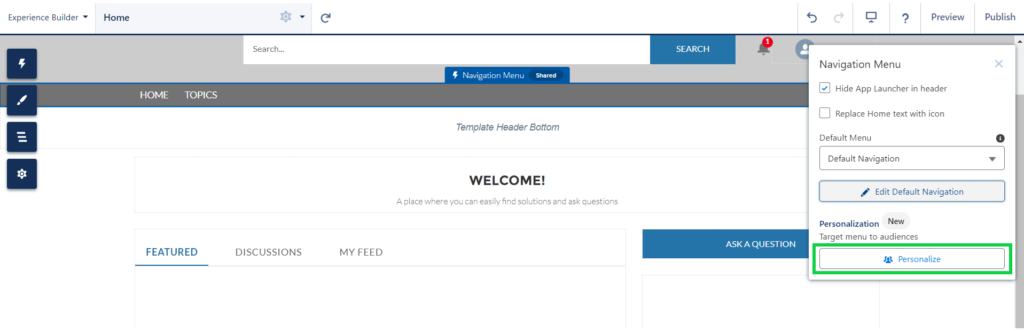 Configuring Navigation Menu Options, Personalization, Navigation menu