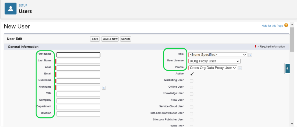 Select new user role, user license and profile