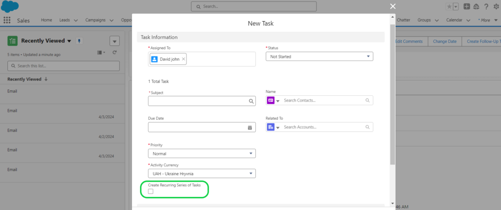 enable create recurring series of task while creating new task