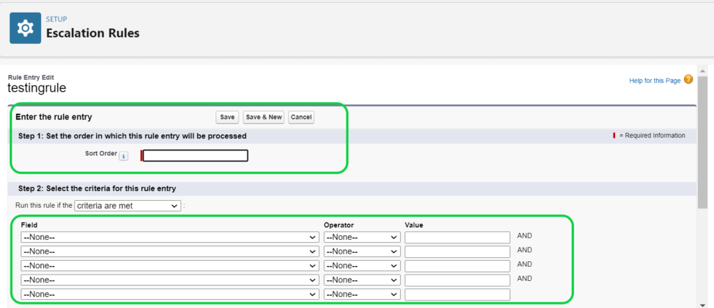 Enter the rule entry and select the criteria for this rule entry  while create escalation rules