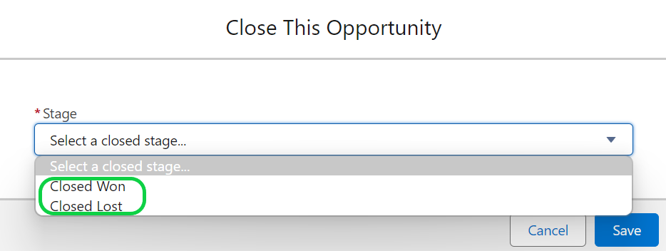 Select a closed stage under salesforce opportunity stages